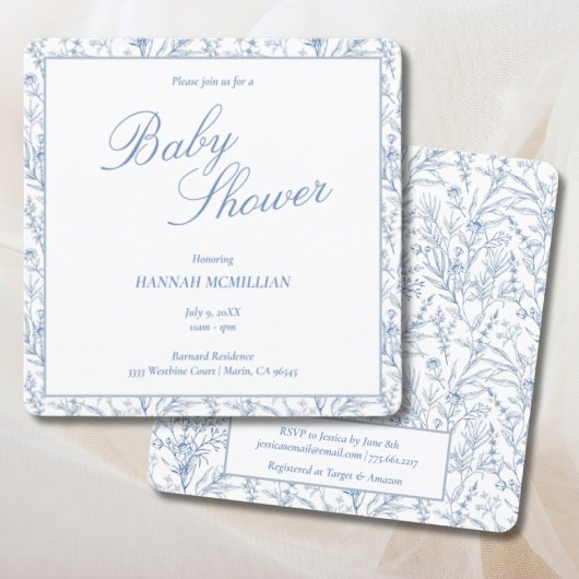 Invitation Toile Bleu Ligne Botanique Baby shower tiré