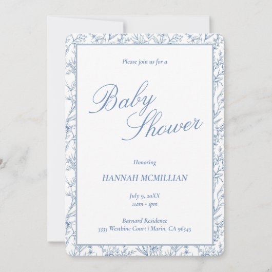 Invitation Toile Bleu Ligne Botanique Baby shower tiré (Devant)