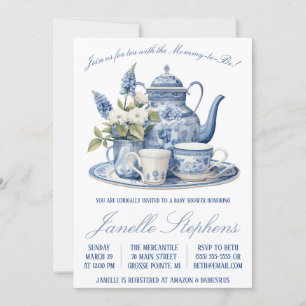 Invitation Toile bleue Chine, Baby shower Victorien Tea Party