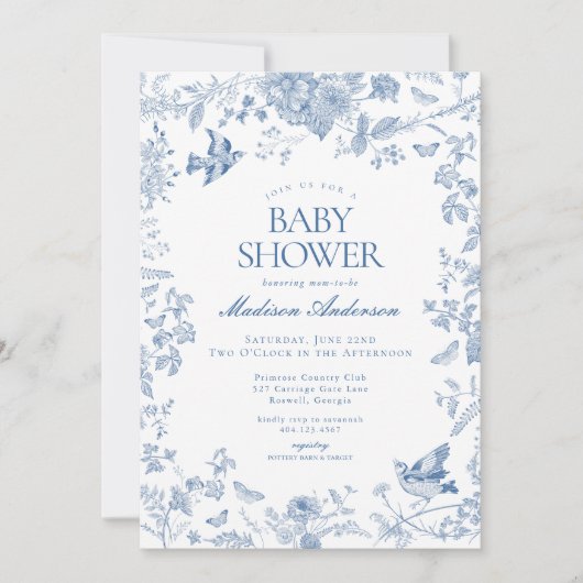 Invitation Toile Bleue De Jouy Baby shower Floral Français (Devant)