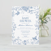Invitation Toile Bleue De Jouy Baby shower Floral Français (Debout devant)