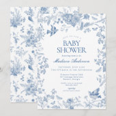 Invitation Toile Bleue De Jouy Baby shower Floral Français (Devant / Derrière)