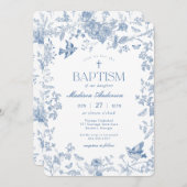 Invitation Toile Bleue De Jouy Baptême Floral Français (Devant / Derrière)
