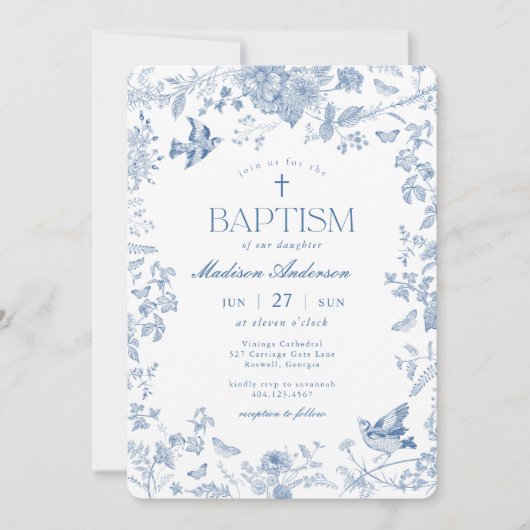 Invitation Toile Bleue De Jouy Baptême Floral Français (Devant)