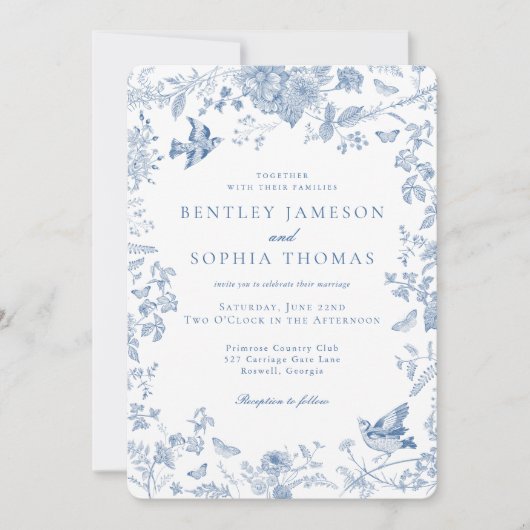 Invitation Toile Bleue De Jouy Mariage Floral Français (Devant)