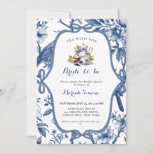 Invitation Toile bleue de jouy Tea Party Douche nuptiale (Devant)