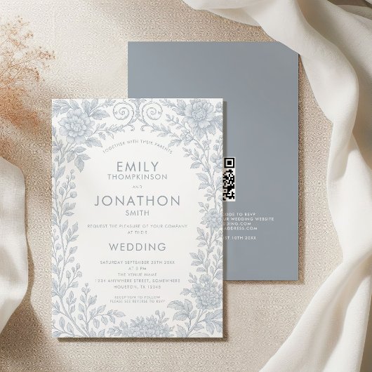 Invitation Toile Bleue Dusty Bordure De Jouy Code QR Mariage