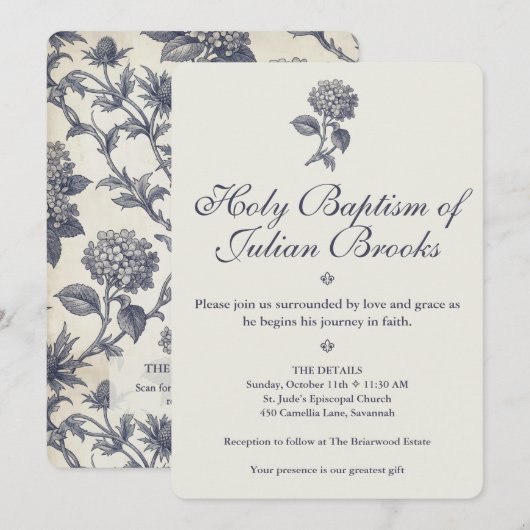 Invitation Toile botanique Hydrangea Chardon bleu Baptême (Devant / Derrière)