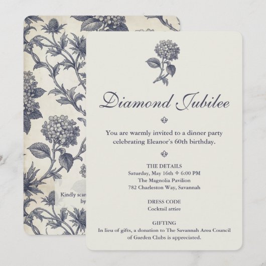 Invitation Toile Botanique Hydrangea Chardon de Mer 60e Anniv (Devant / Derrière)