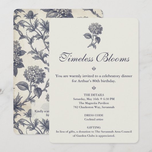 Invitation Toile Botanique Hydrangea Chardon de Mer 80e Anniv (Devant / Derrière)