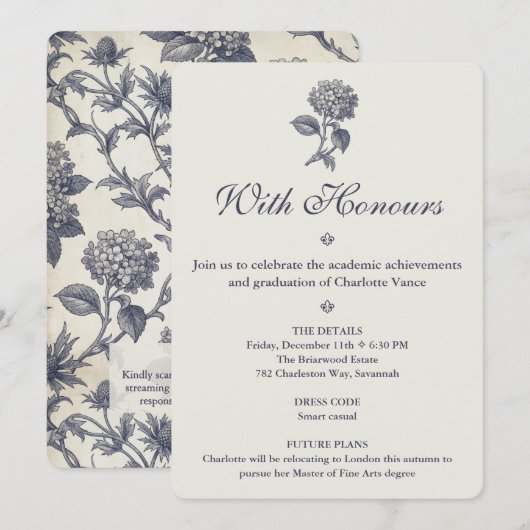 Invitation Toile Botanique Hydrangea Chardon de Mer Diplôme (Devant / Derrière)
