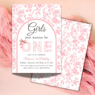 Invitation Toile Coquette Pink Bow Girl 1er anniversaire