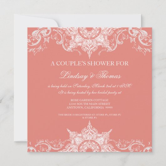 Invitation Toile Damask Swirl Couples Douche Coral rose (Devant)