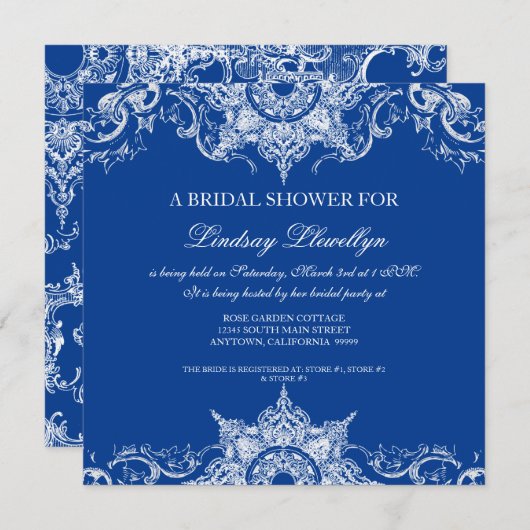 Invitation Toile Damask Swirl Fête de l'mariée Royal Blue (Devant / Derrière)