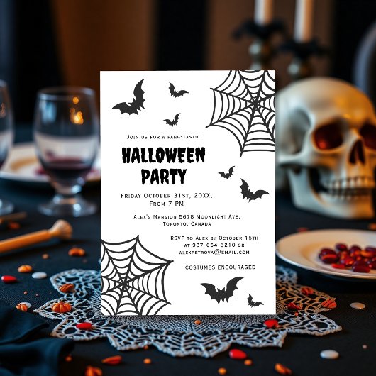Invitation Toile d'araignée Chauve-souris Halloween Fête Noir