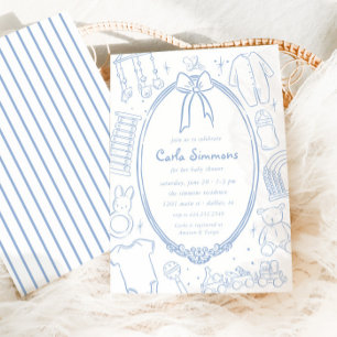 Invitation Toile De Jouy Baby shower Bleu Bleu Whimsical