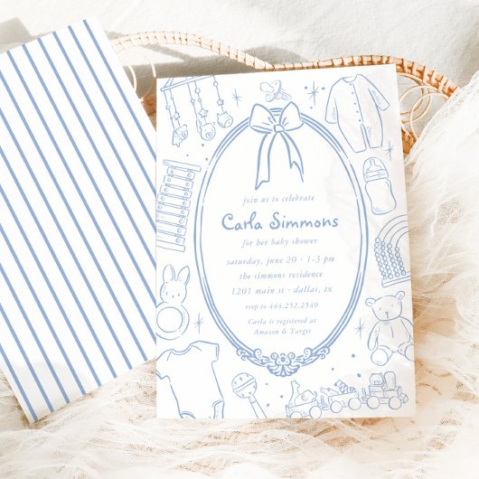 Invitation Toile De Jouy Baby shower Bleu Bleu Whimsical