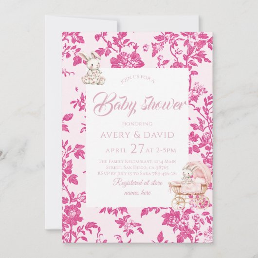 Invitation Toile de Jouy Baby shower Dusty Pink Teddy Bear (Devant)