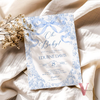 Invitation Toile de Jouy bleue à nœud papillon chinoiserie Ba