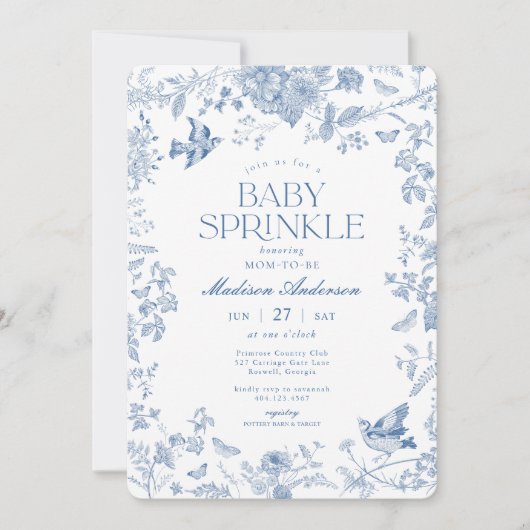 Invitation Toile de Jouy bleue bébé florale sprinkle (Devant)