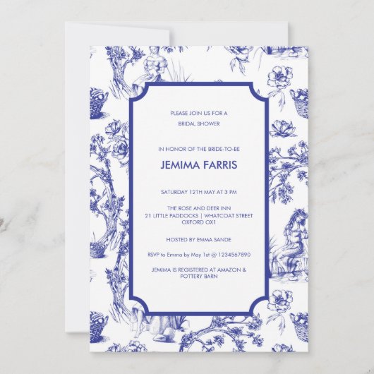 Invitation Toile de Jouy Bleue et Blanche (Devant)