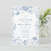 Invitation Toile de Jouy Bleue Florale Baptême Français (Debout devant)