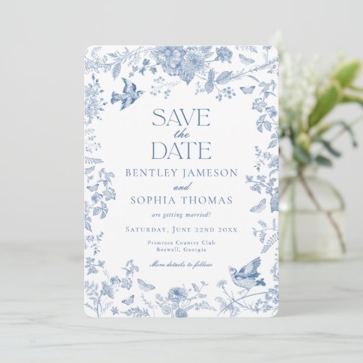 Invitation Toile de Jouy Bleue Florale Française Enregistrer (Debout devant)