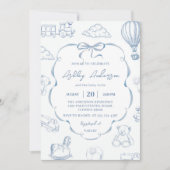 Invitation Toile De Jouy Blue Bow Baby Shower Party (Devant)