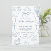 Invitation Toile De Jouy Blue Bow Baby Shower Party (Debout devant)