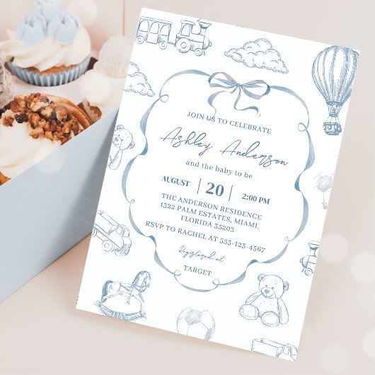 Invitation Toile De Jouy Blue Bow Baby Shower Party