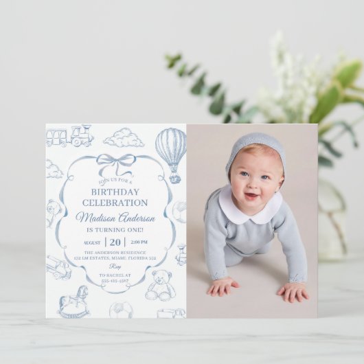 Invitation Toile De Jouy Blue Bow Birthday Party Photo (Debout devant)