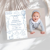 Invitation Toile De Jouy Blue Bow Birthday Party Photo