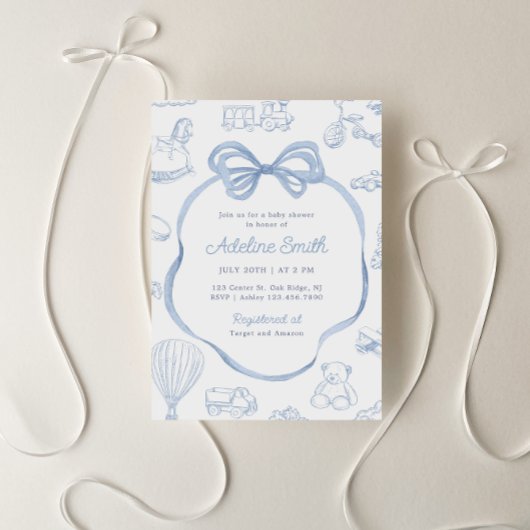 Invitation Toile de Jouy Blue Bow Chinoiserie Baby shower gar