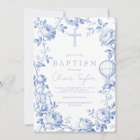 Invitation Toile De Jouy Blue Boy Baptism (Devant)