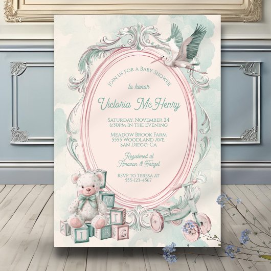 Invitation Toile de Jouy cadre baby shower rose