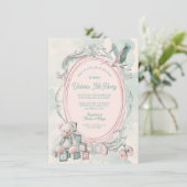 Invitation Toile de Jouy cadre baby shower rose (Debout devant)
