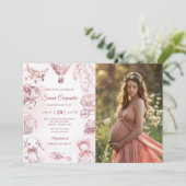 Invitation Toile De Jouy Fête Baby shower Rose (Debout devant)