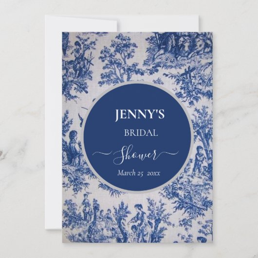 Invitation Toile de Jouy Fête des mariées bleue et blanche (Devant)