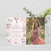 Invitation Toile De Jouy Fille Rose Baby shower Photo (Debout devant)