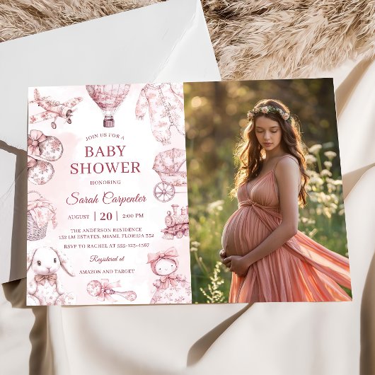 Invitation Toile De Jouy Fille Rose Baby shower Photo