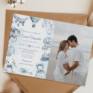 Invitation Toile De Jouy Garçon Bleu Baby Shower Party Photo 
