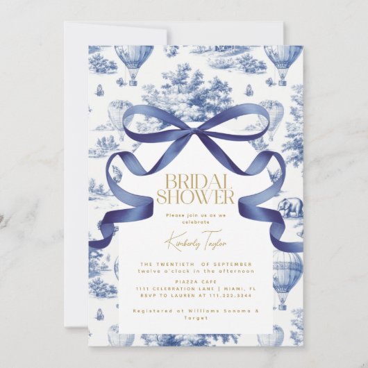 Invitation Toile De Jouy Nœud Mariage Dusty Blue (Devant)