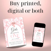 Invitation Toile de Jouy Pink Bow Girl 1er anniversaire