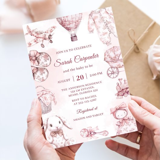 Invitation Toile De Jouy Pink Girl Baby Shower Party