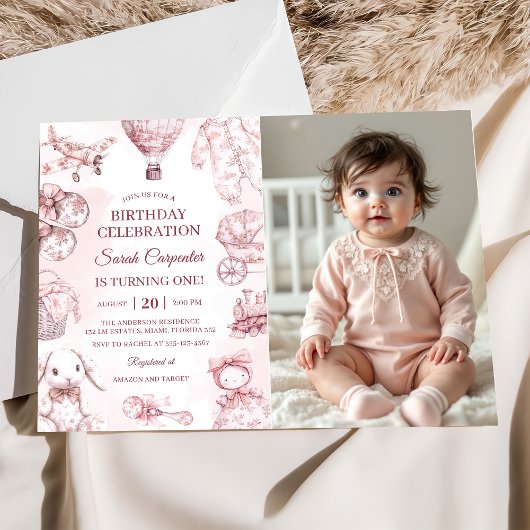 Invitation Toile De Jouy Pink Girl Birthday Party Photo