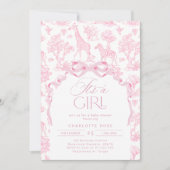 Invitation Toile de Jouy Pink Safari animaux C'est une fille (Devant)