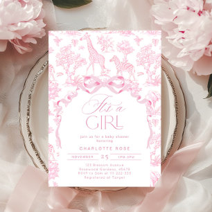 Invitation Toile de Jouy Pink Safari animaux C'est une fille