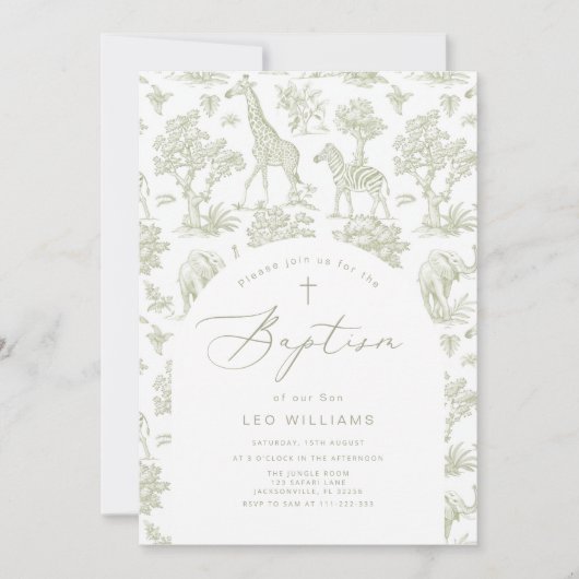Invitation Toile de Jouy Safari animaux Garçon vert Baptême (Devant)