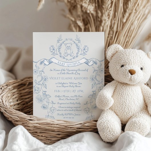 Invitation Toile de Jouy Teddy ours Chinoiserie baby shower