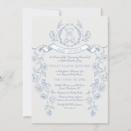 Invitation Toile de Jouy Teddy ours Chinoiserie baby shower (Devant)